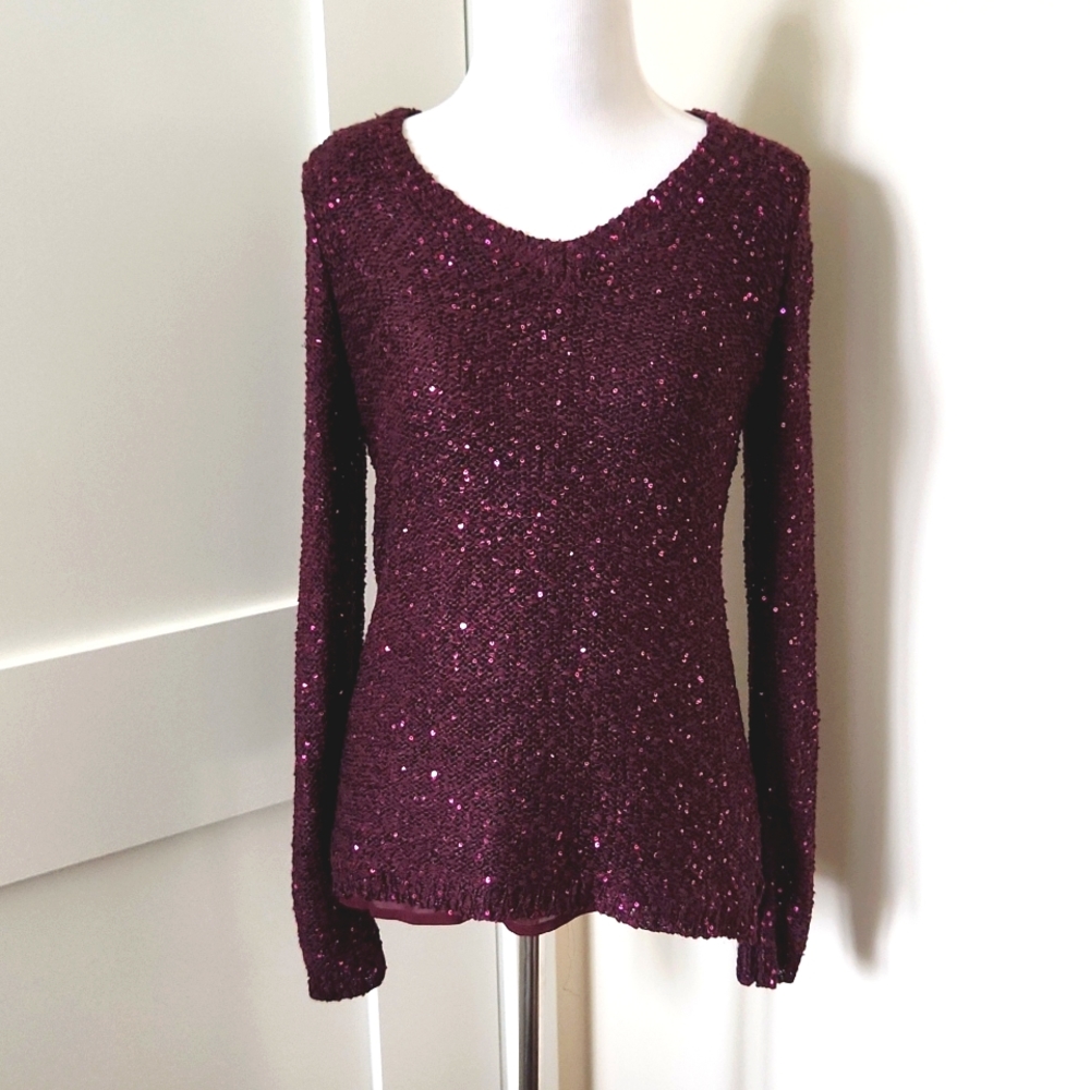NWT Apt. 9 Purple sequin V-neck sweater w/ sheer attached lining. Petite size S.